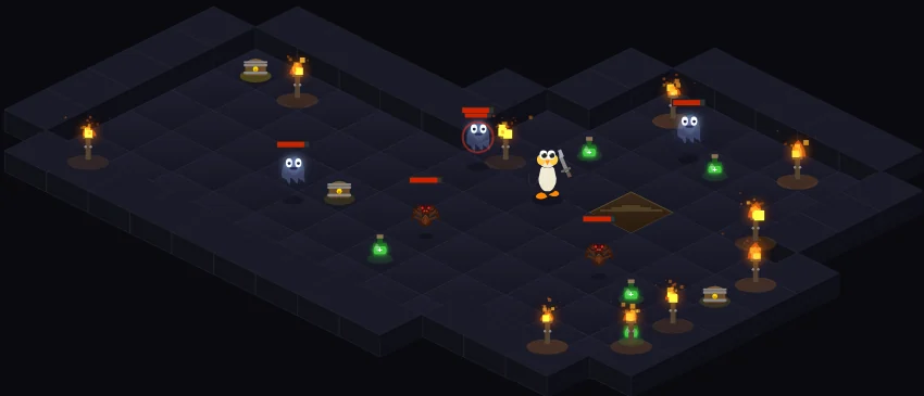 Penguin in an isometric dungeon with enemies and treasure